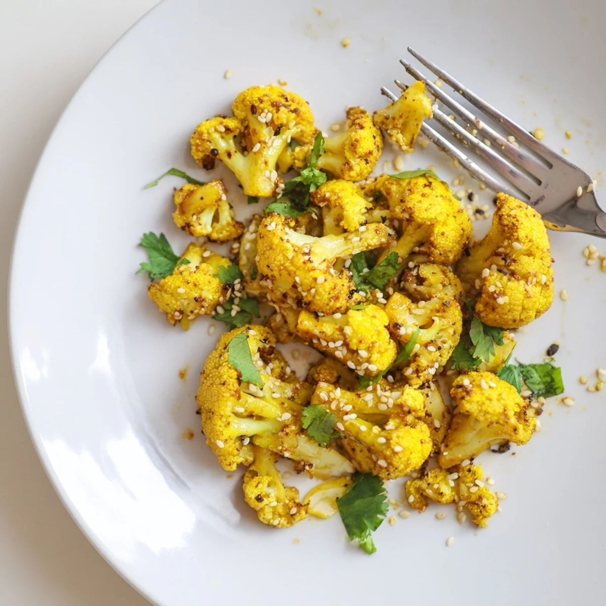 Roasted Cauliflower with Turmeric features golden, crisp-tender florets garnished with fresh cilantro and sesame seeds.