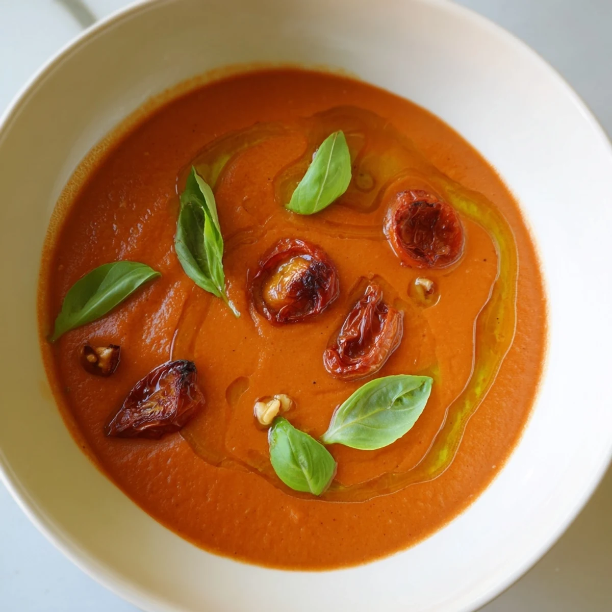 A warm bowl of Roasted Garlic and Tomato Basil Soup garnished with fresh basil leaves and a drizzle of olive oil.