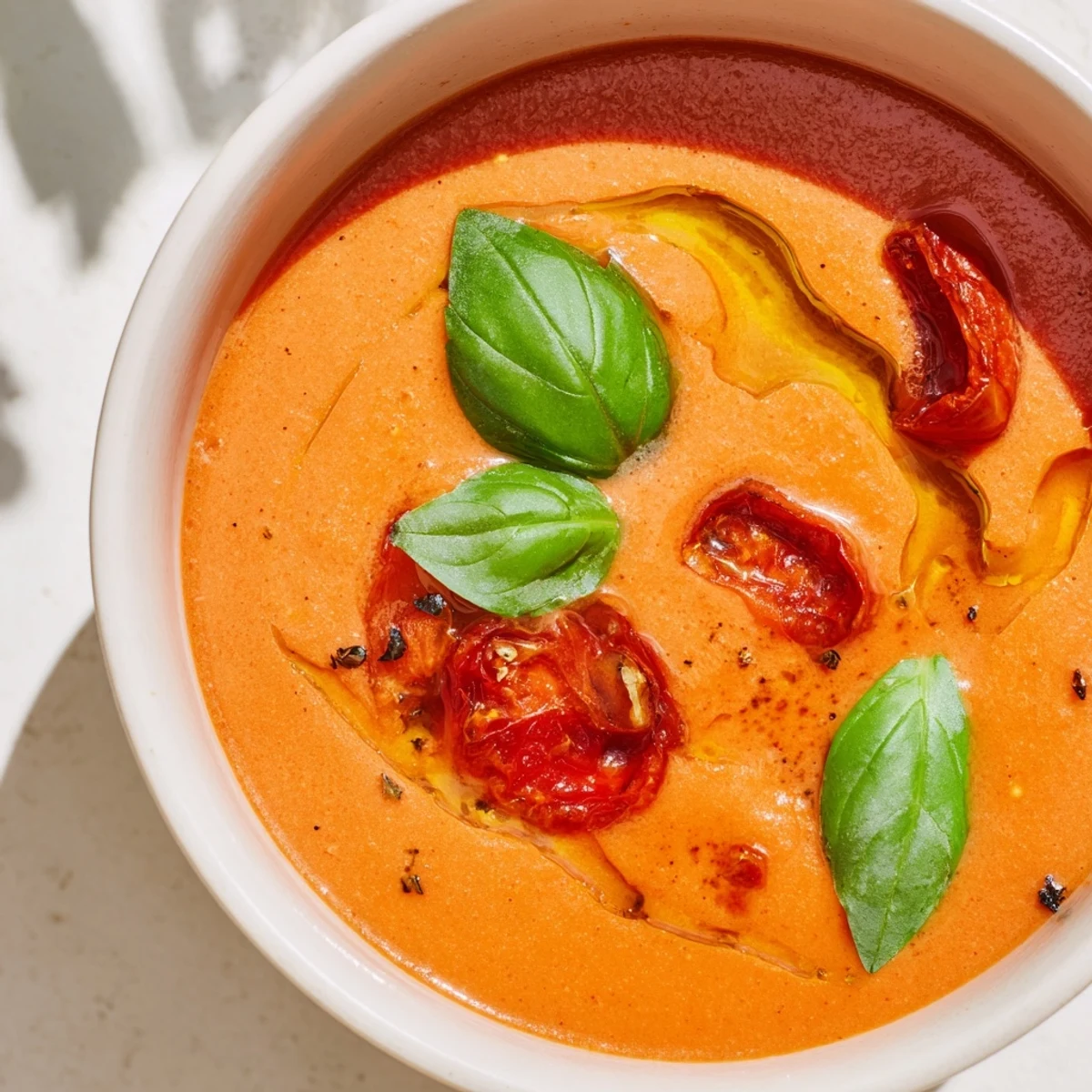 Close-up of a creamy Roasted Garlic and Tomato Basil Soup in a white ceramic bowl with steam rising.