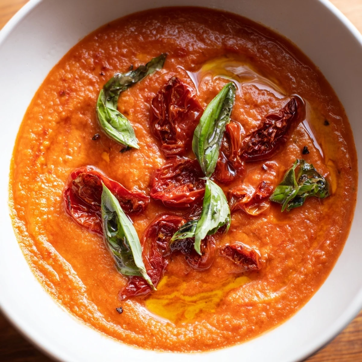 The vibrant red Roasted Garlic and Tomato Basil Soup is served alongside crusty bread for dipping.
