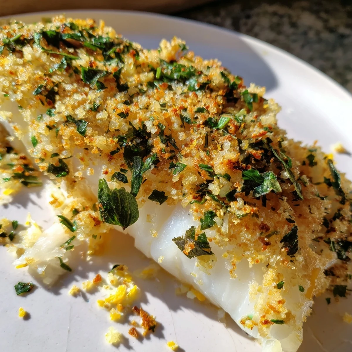 Golden Baked Cod with Lemon Herb Panko Crumb topped with crispy breadcrumbs and fresh herbs on a white plate.