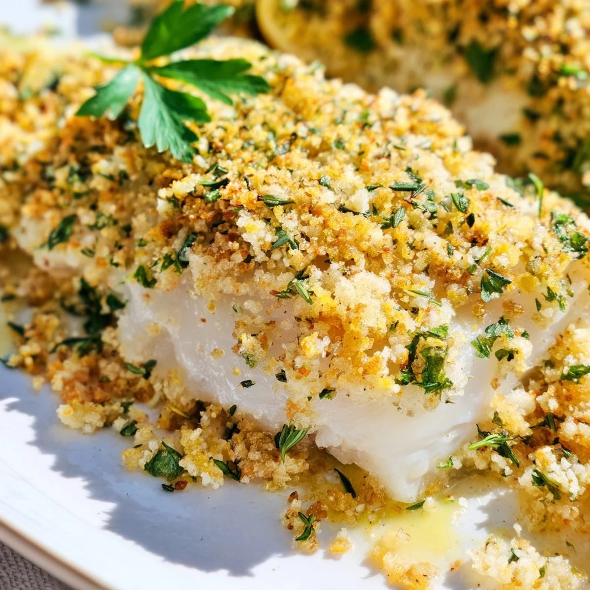Tender Baked Cod with Lemon Herb Panko Crumb served alongside steamed broccoli and lemon wedges for a complete meal.