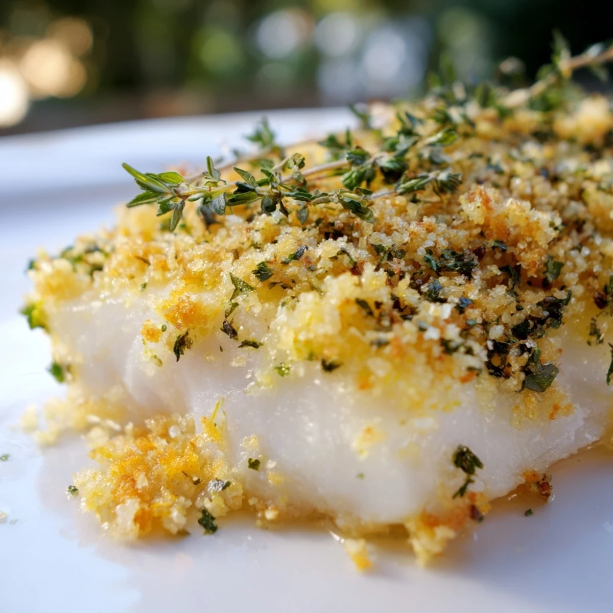 Freshly baked Baked Cod with Lemon Herb Panko Crumb fillet showing flaky texture and golden panko topping on baking dish.