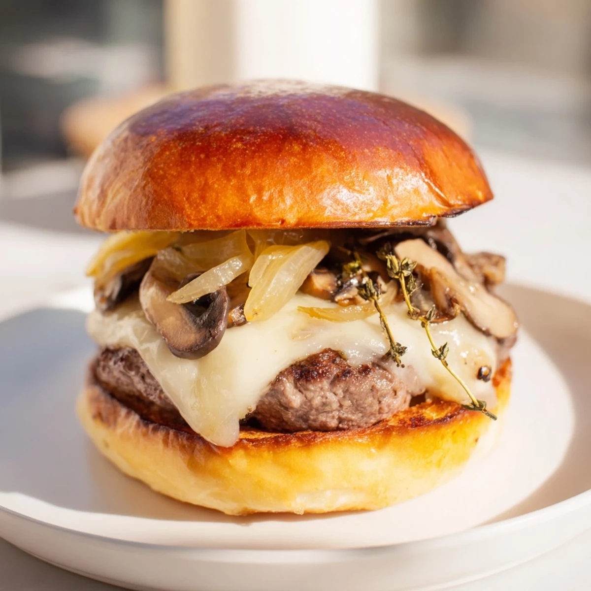 A toasted brioche bun holds a juicy patty, melted Swiss cheese, sautéed mushrooms, and sweet caramelized onions on this Mushroom and Swiss Burger with Caramelized Onions.