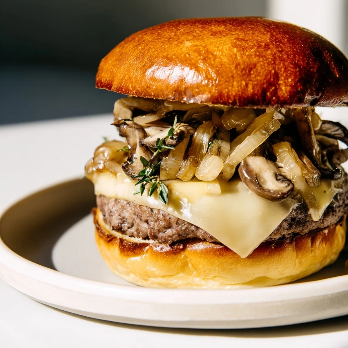 Served on a plate with a side of fries, this Mushroom and Swiss Burger with Caramelized Onions shows off melted cheese and caramelized onions.