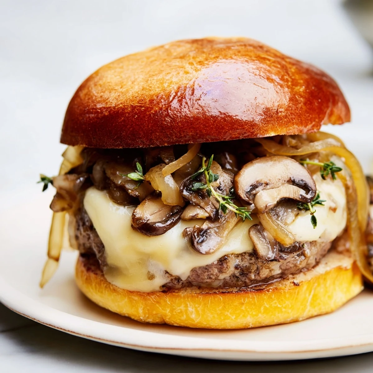 This Mushroom and Swiss Burger with Caramelized Onions features a golden brioche bun, savory beef, and a heap of savory mushrooms and onions.