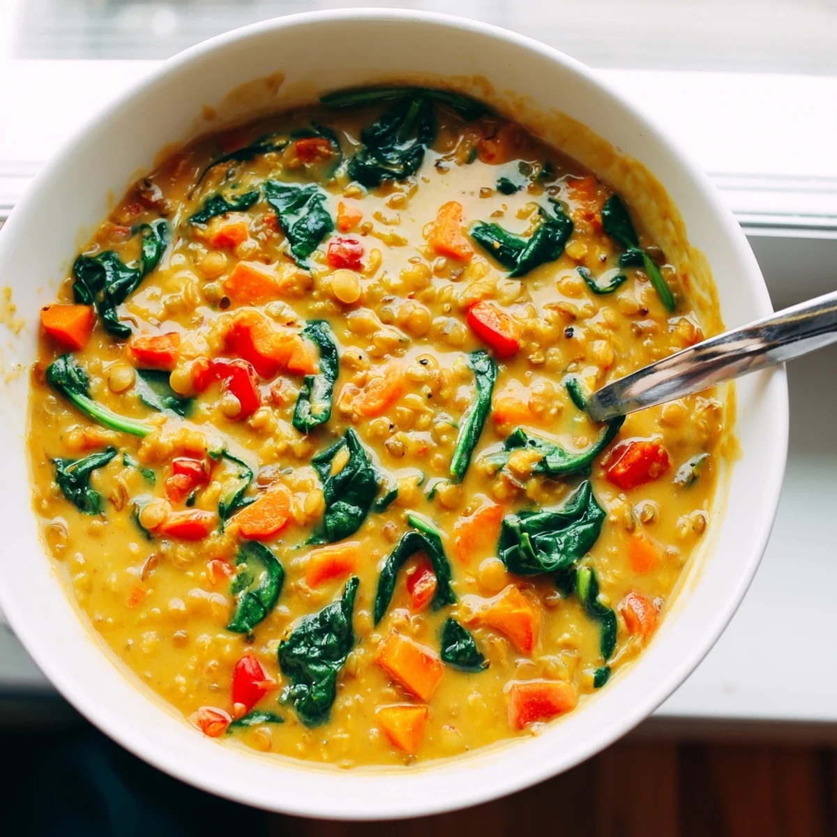 Creamy Coconut Curry Lentil Soup with Spinach in a white bowl, garnished with cilantro and lime wedge.  