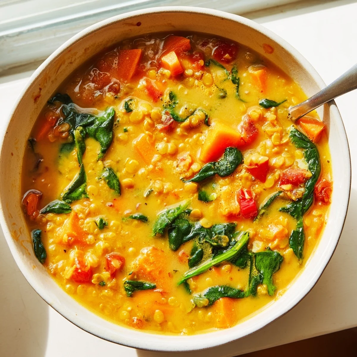 A steaming bowl of Coconut Curry Lentil Soup with Spinach next to warm naan bread for dipping.  