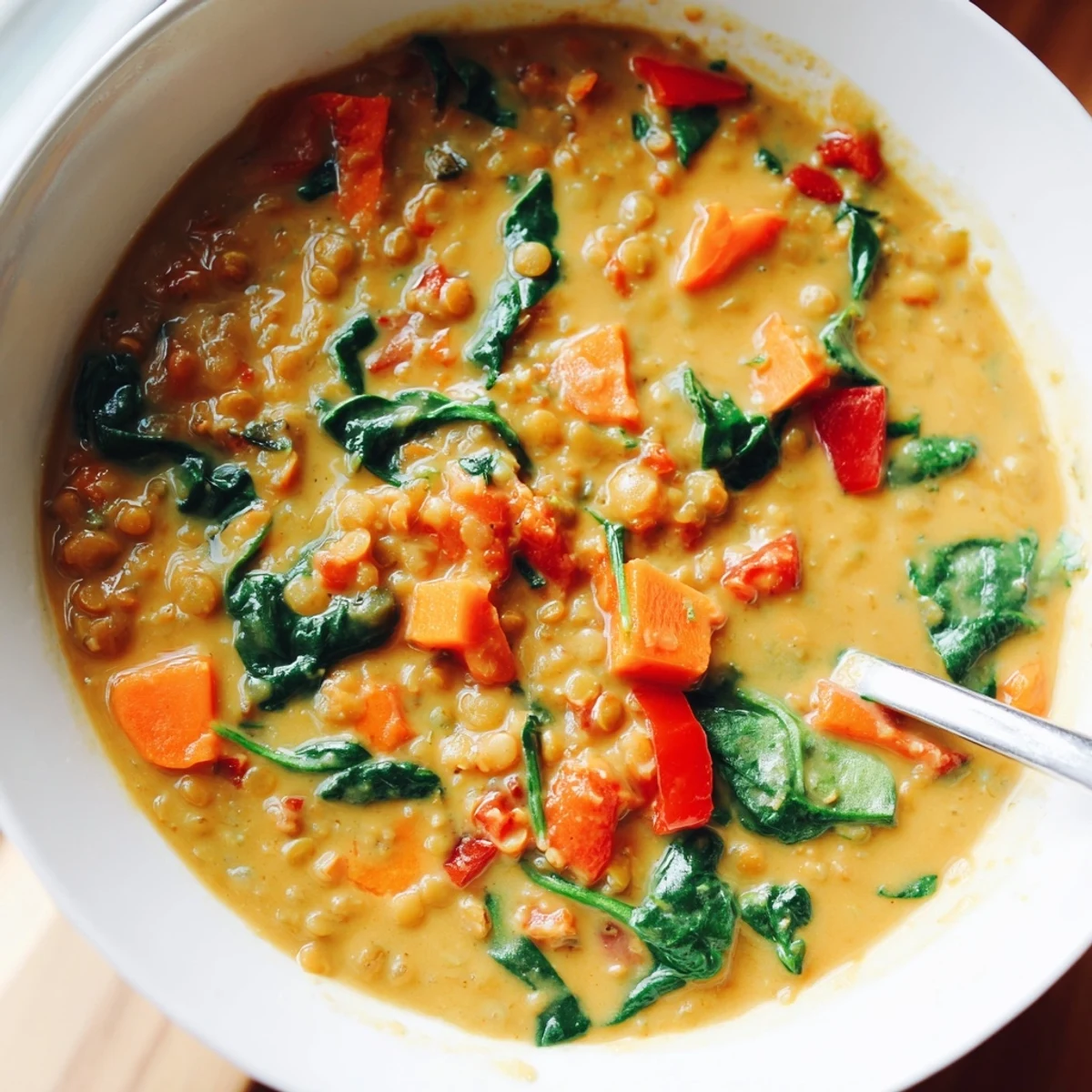 Vibrant Coconut Curry Lentil Soup with Spinach showing tender lentils and wilted spinach in rich broth.