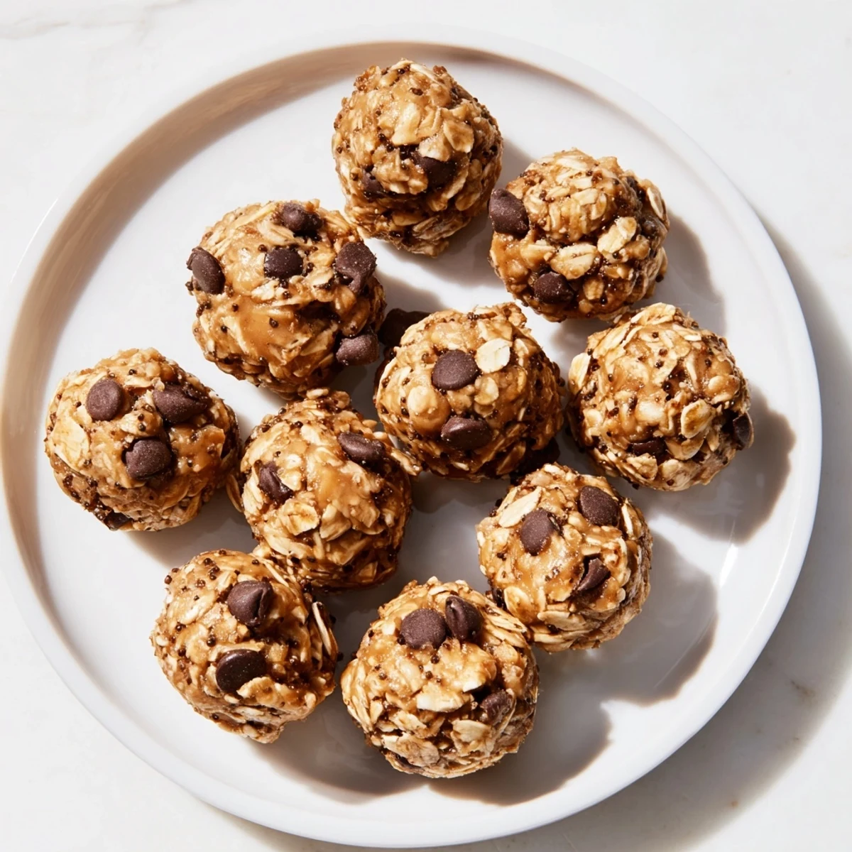 Freshly rolled Chocolate Peanut Butter Energy Balls arranged neatly on parchment paper, showing their rich texture and mini chocolate chips.
