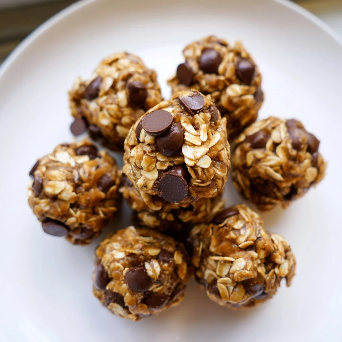 A close-up view of homemade Chocolate Peanut Butter Energy Balls, highlighting the oats, seeds, and coconut shreds on a rustic surface.