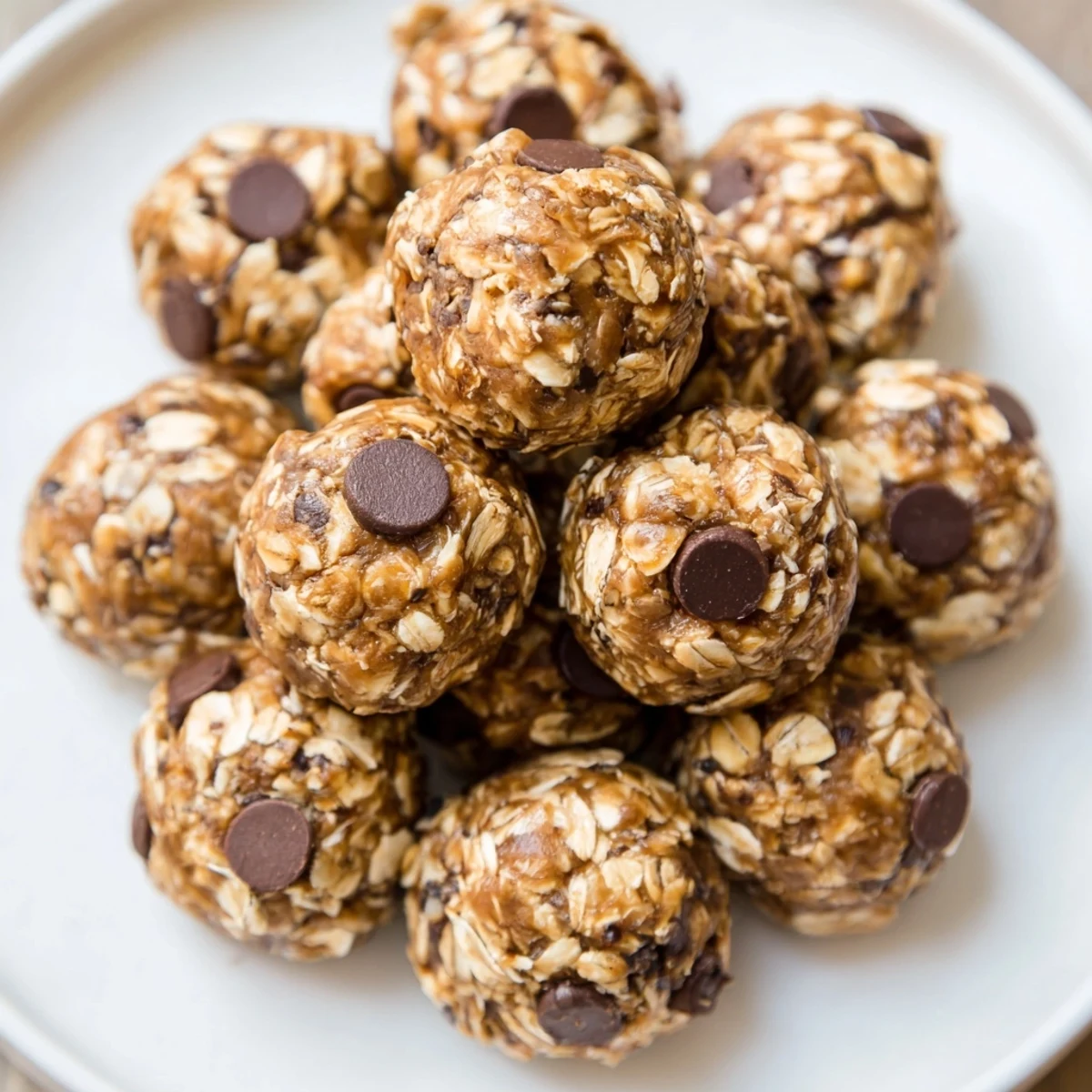 Close-up of moist Chocolate Peanut Butter Energy Balls with melted chocolate chips and peanut butter, served in a white ceramic bowl.