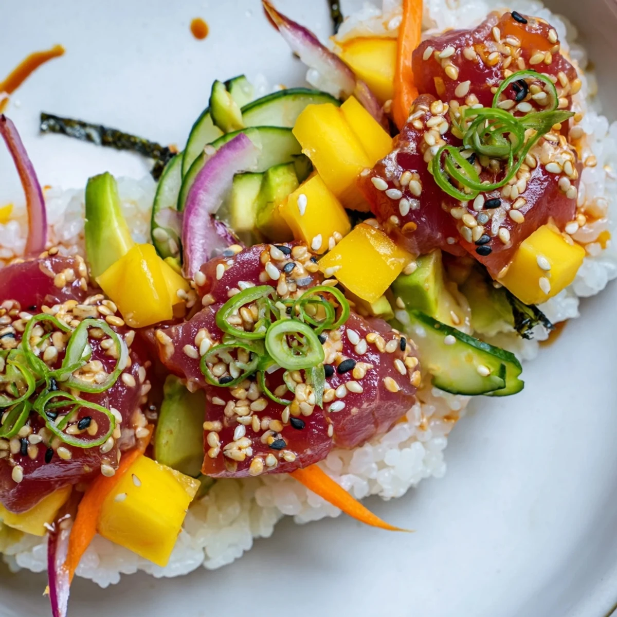 Vibrant Hawaiian-inspired spicy tuna poke bowl with mango served in a ceramic bowl with nori strips and pickled ginger garnish.