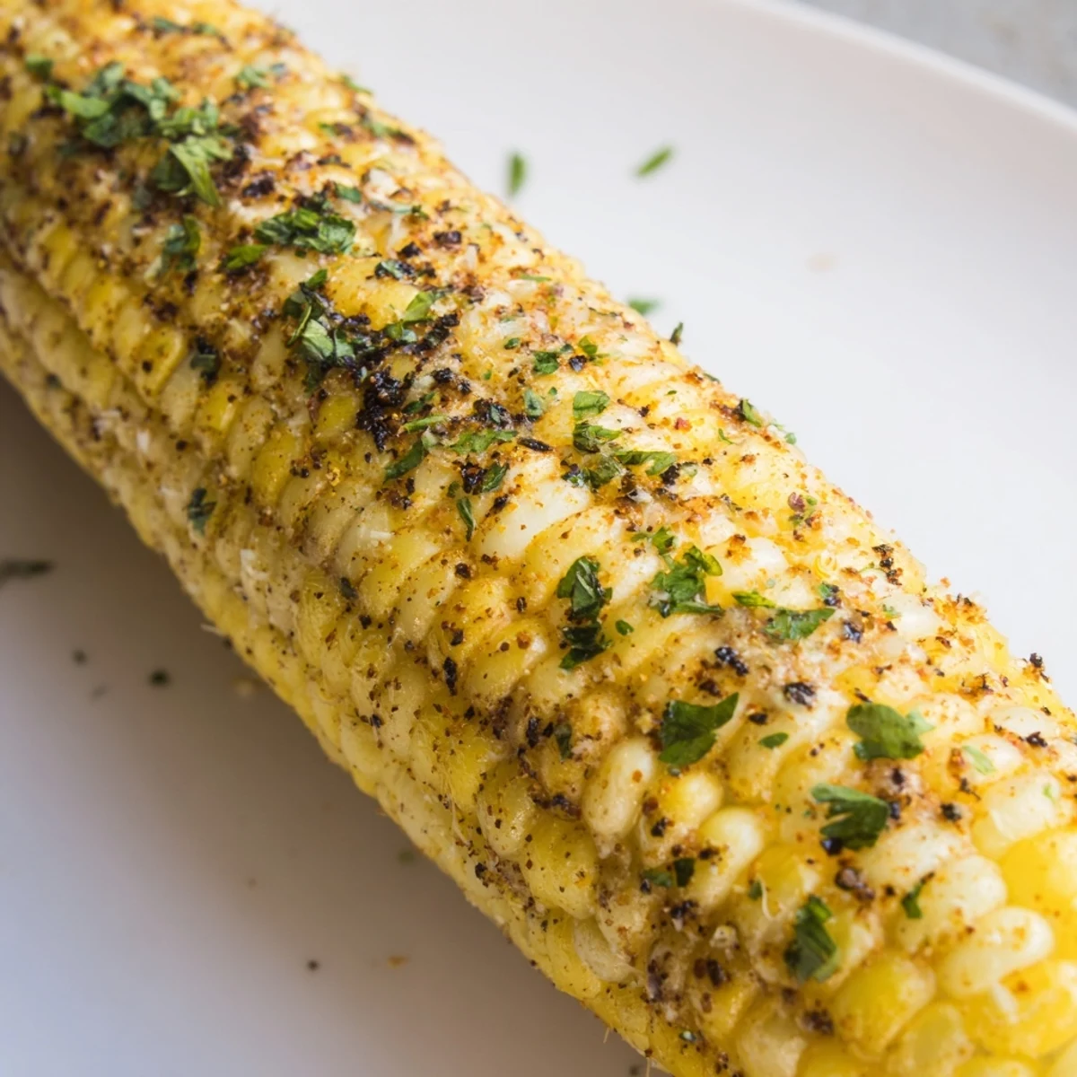Four golden roasted ears of Cajun Spiced Roasted Corn on the Cob brushed with melted spicy butter and garnished with fresh parsley.  