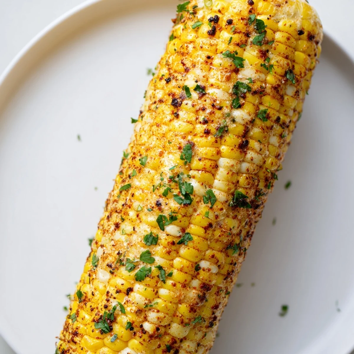 Juicy corn on the cob roasted with smoky Cajun spices and fresh lime, served hot on a rustic plate for a barbecue side dish.  