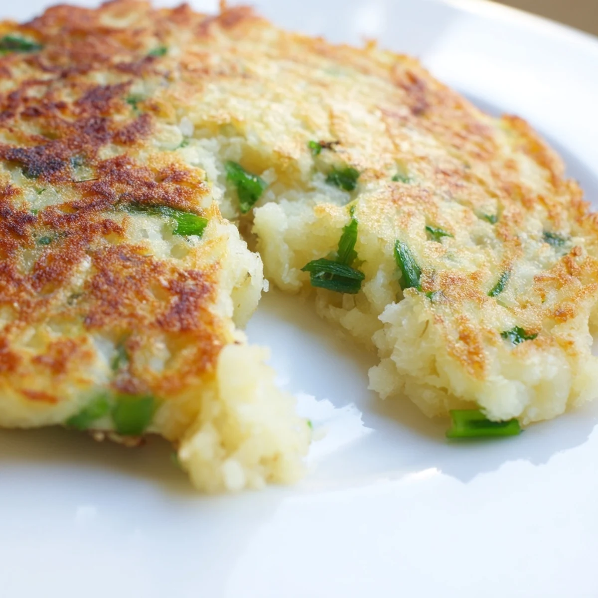Crisp-edged Irish Boxty Potato Pancakes with Scallions served alongside eggs for a hearty American breakfast.