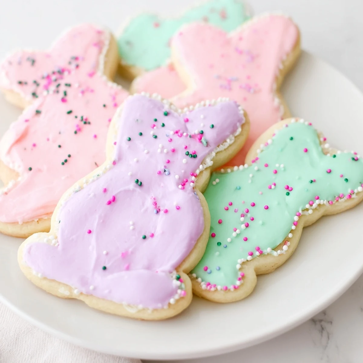 Golden-brown Easter Bunny Sugar Cookies are displayed on a cooling rack with pink icing and pastel sprinkles, perfect for spring celebrations.