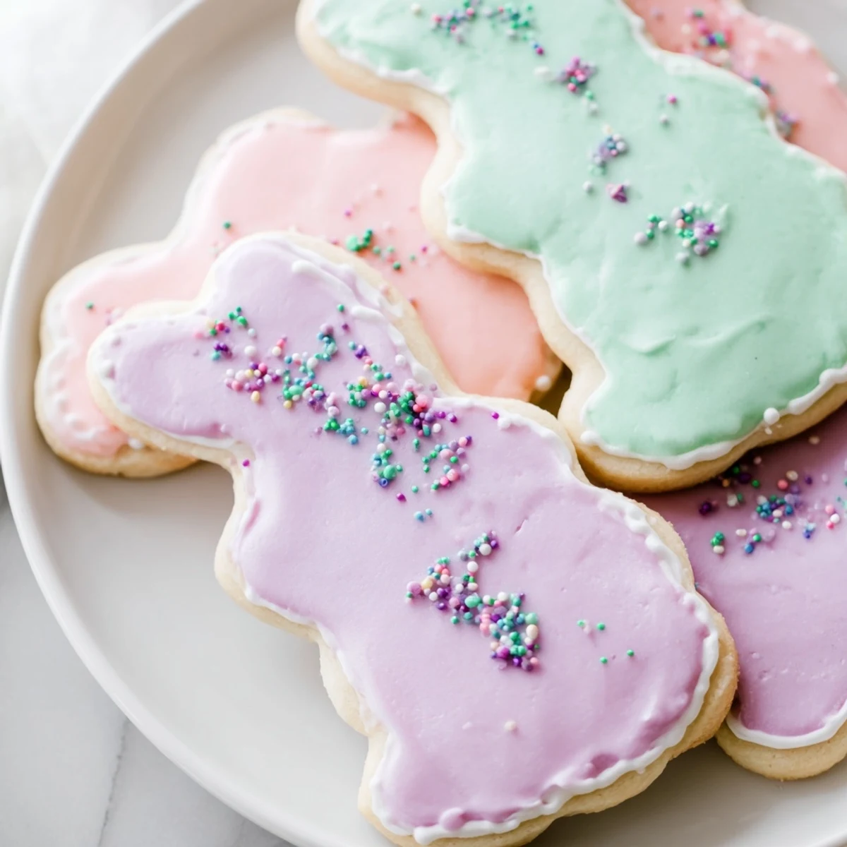 Close-up of Easter Bunny Sugar Cookies with vibrant icing and sanding sugar, ready to be served at an Easter brunch.