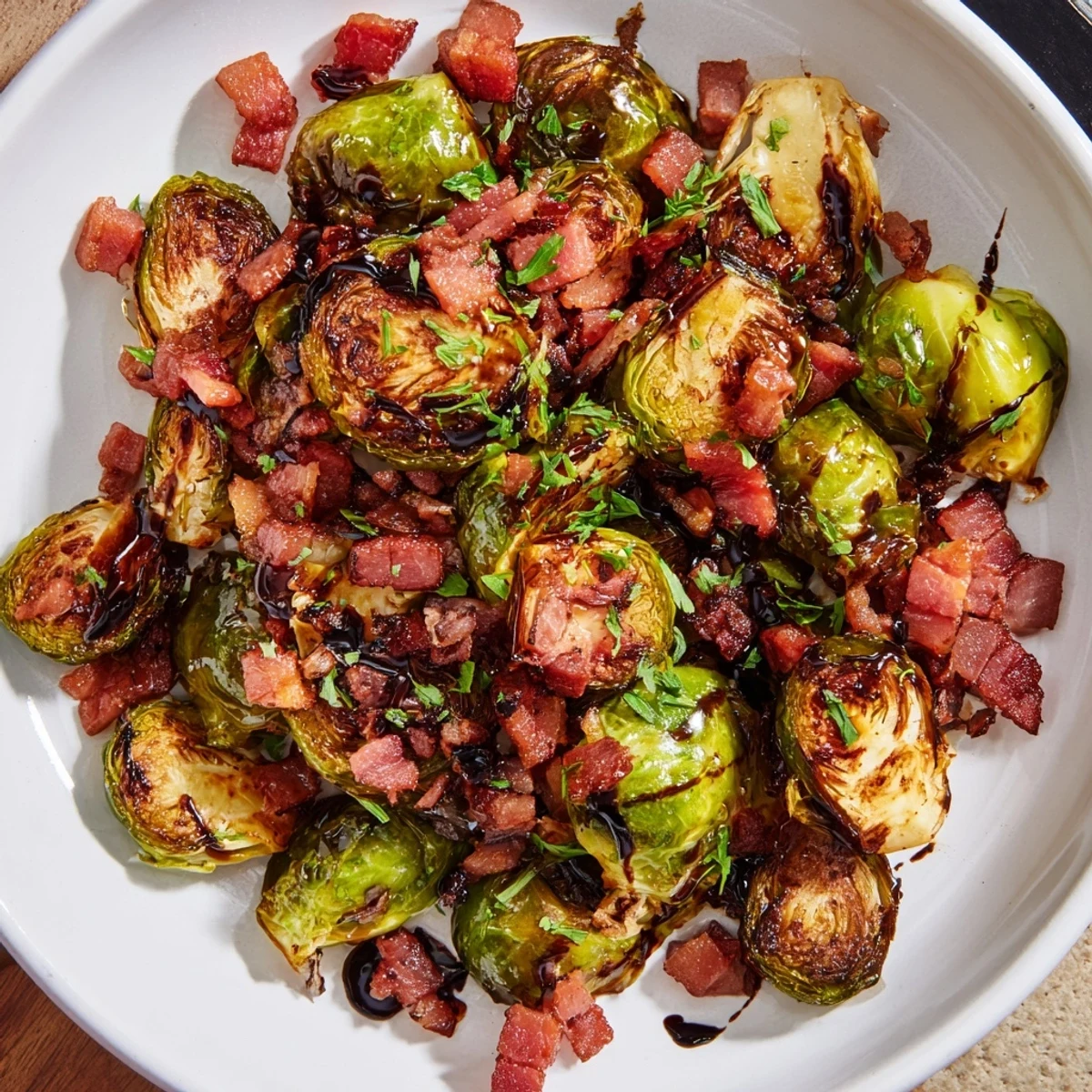 Golden roasted Brussels sprouts with crispy beef bacon, garnished with parsley and ready to serve on a rustic plate.