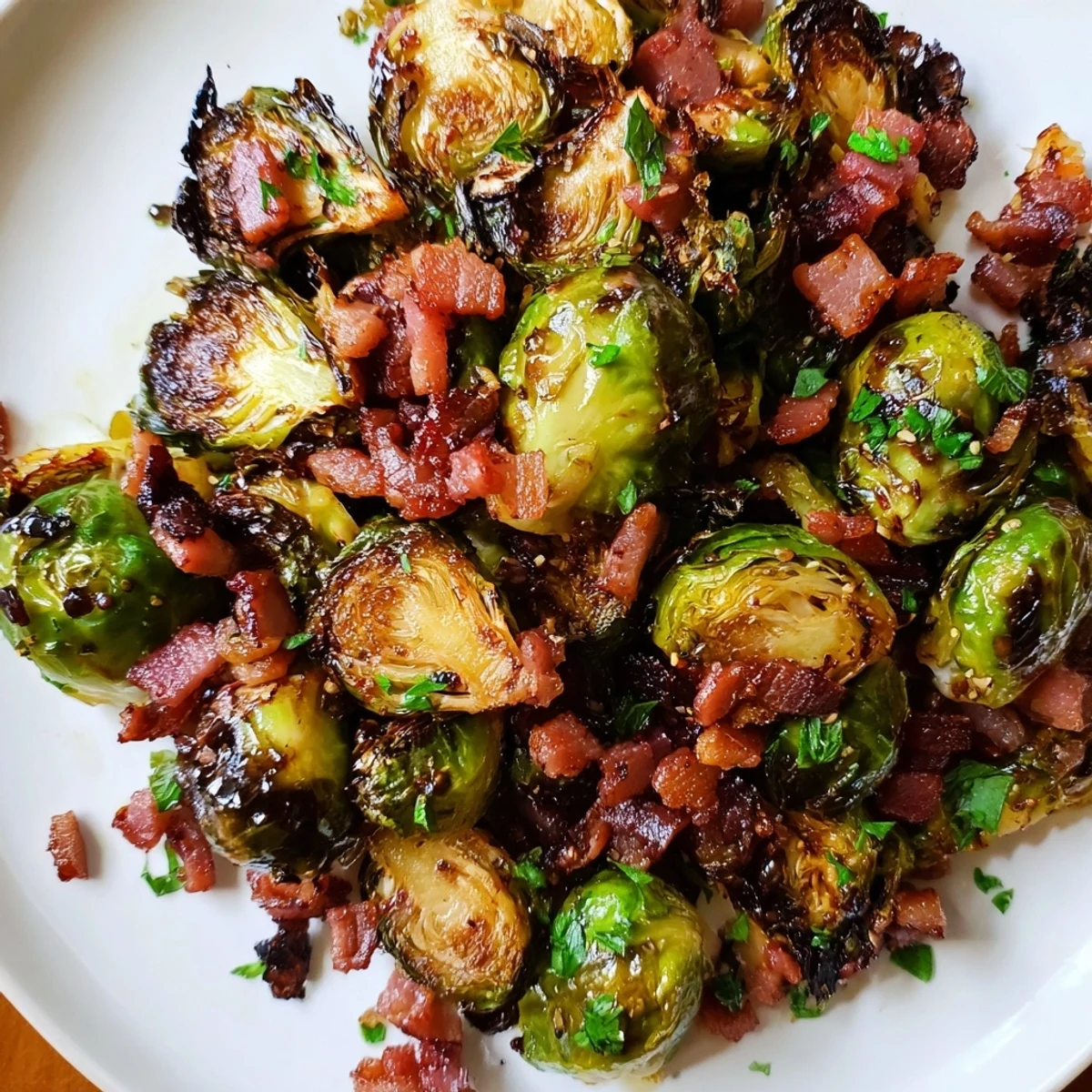 Savory beef bacon and caramelized Brussels sprouts roasted to perfection with a drizzle of balsamic glaze.