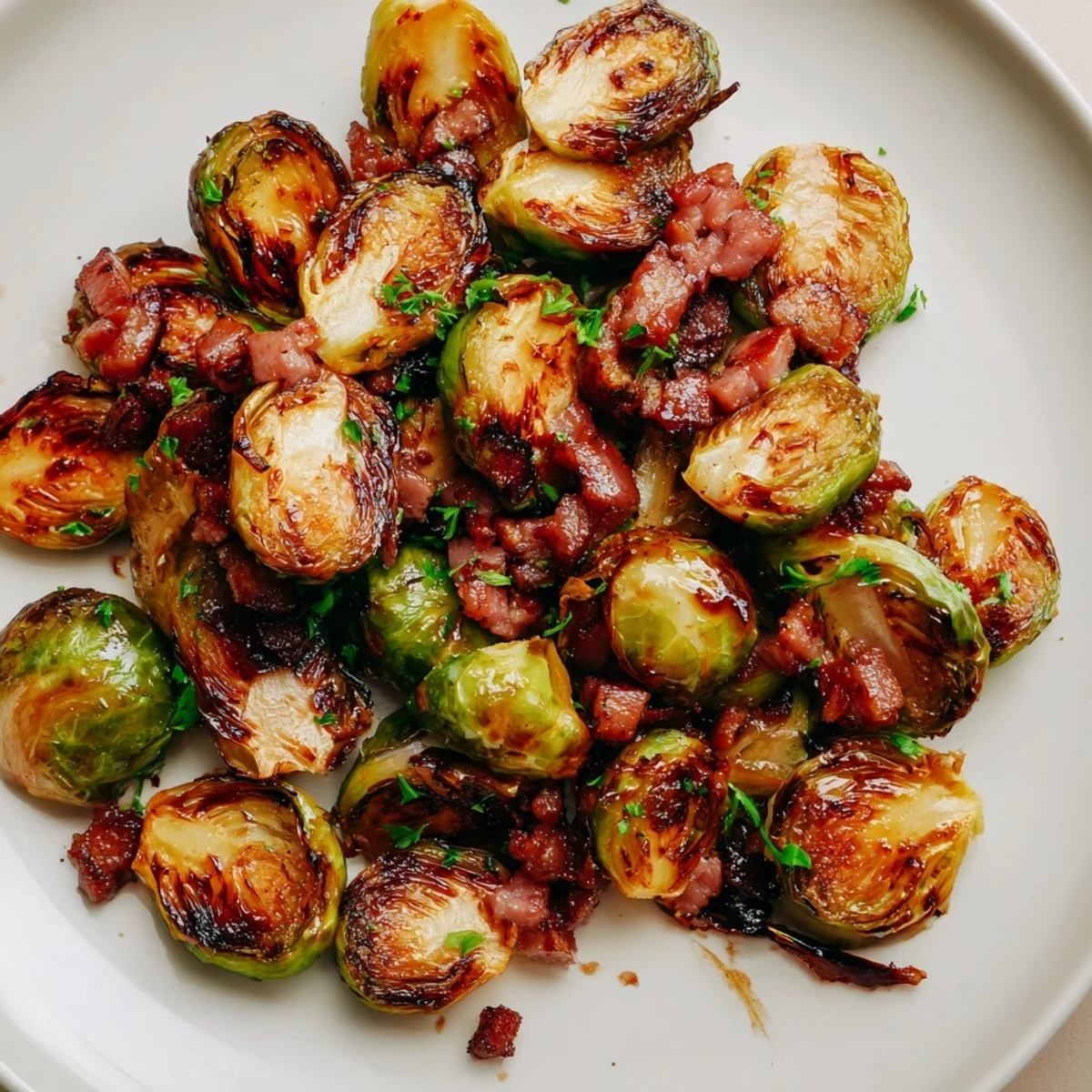 A close-up view of seasoned Brussels sprouts and beef bacon cooked on a parchment-lined baking sheet.