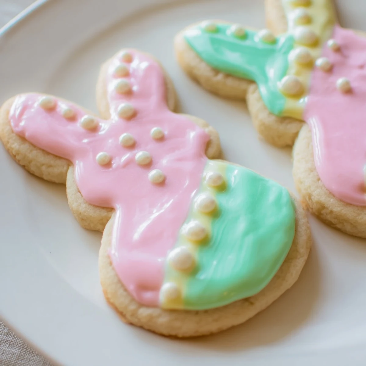 Pastel-colored royal icing being piped onto Easter Bunny Sugar Cookies for a decorative spring treat.