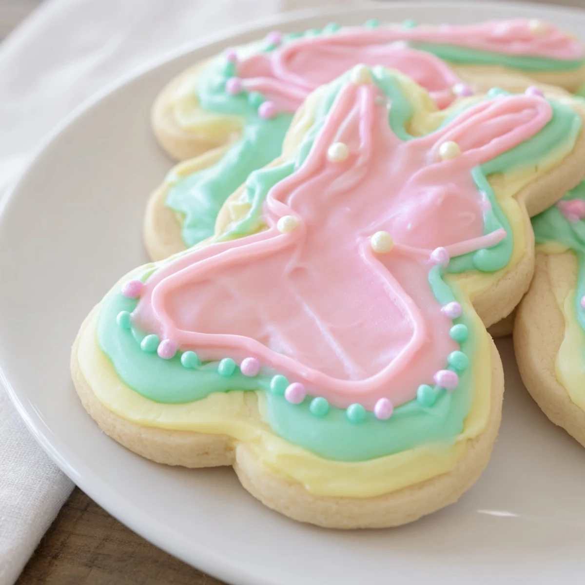 A platter of Easter Bunny Sugar Cookies decorated with colorful royal icing, ready for an Easter celebration.