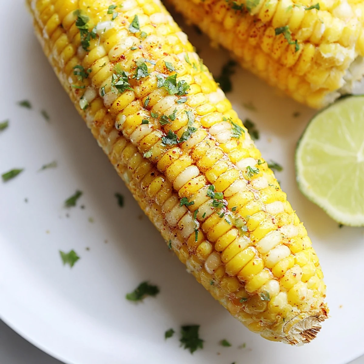 Juicy ears of Cajun Spiced Roasted Corn on the Cob served with lime wedges on a rustic plate.