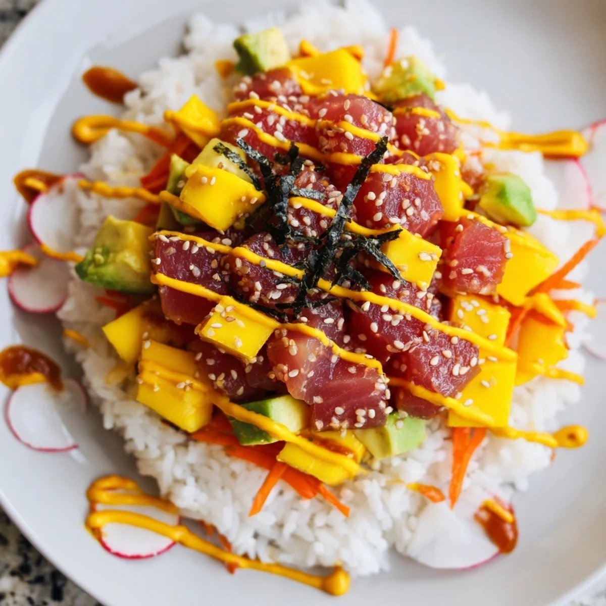 Brightly colored spicy tuna poke bowl with mango and avocado over seasoned rice, garnished with sliced radishes and fresh cilantro.