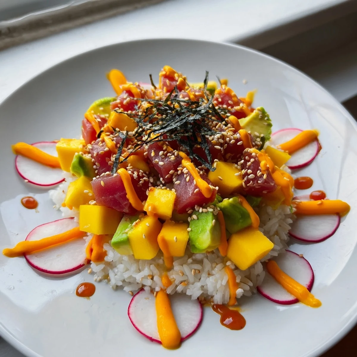 Serving suggestion for a spicy tuna poke bowl with mango and avocado, featuring julienned carrots and cucumber on sushi rice.