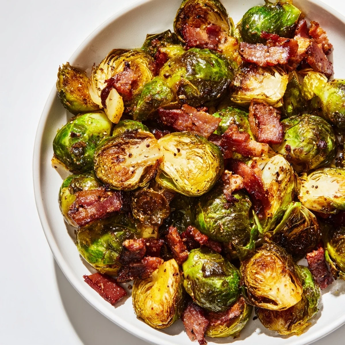 Golden roasted Brussels sprouts with crispy beef bacon and a drizzle of balsamic glaze, ready to serve hot.