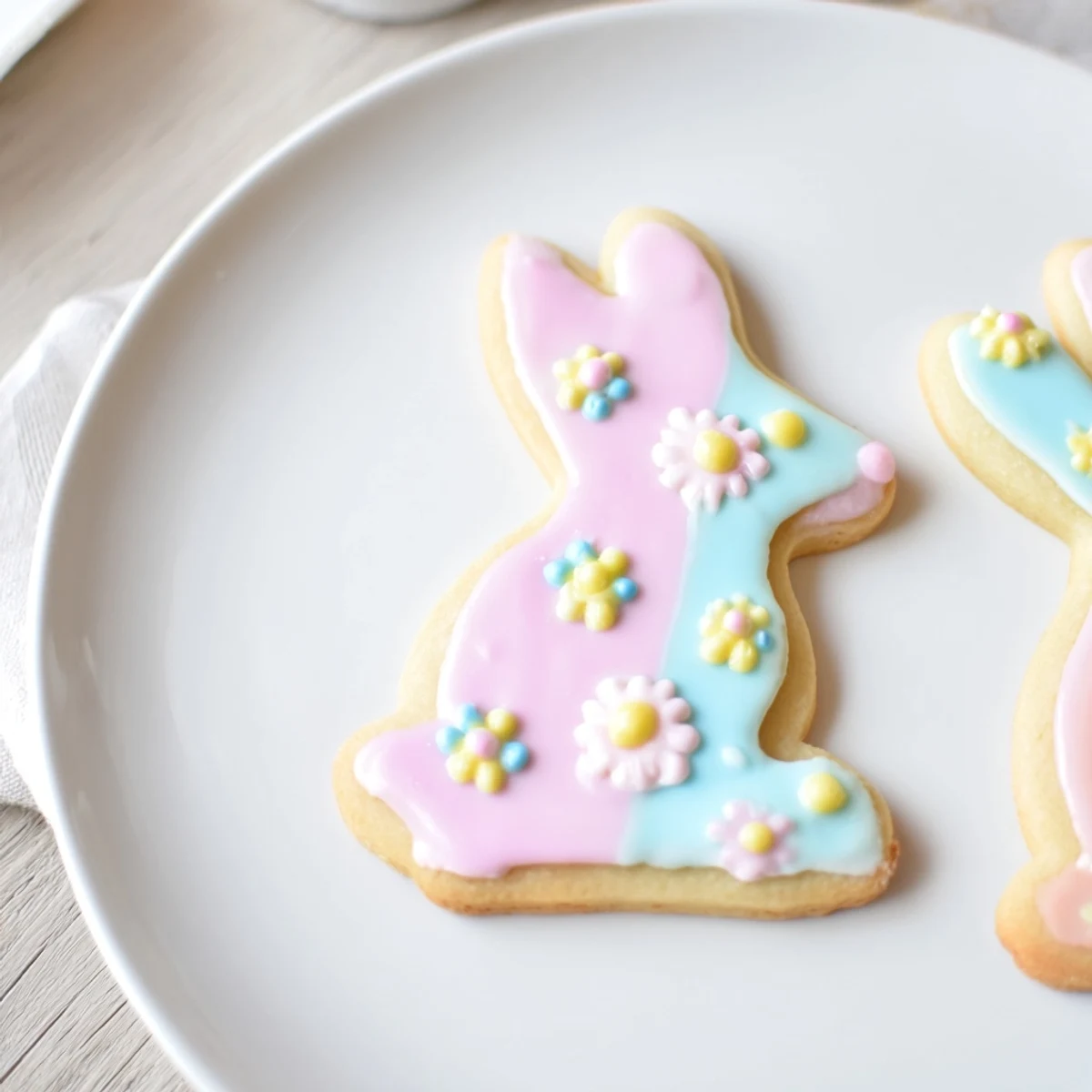 Soft, pastel-decorated Easter Bunny Sugar Cookies with royal icing, displayed on a pastel plate beside fresh spring flowers for festive inspiration.
