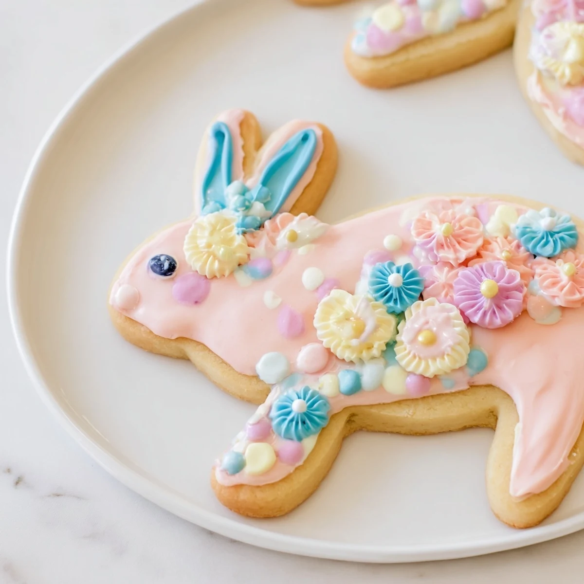 Close-up view of decorated Easter Bunny Sugar Cookies with pastel royal icing, arranged on a white plate ready for serving at an Easter party.
