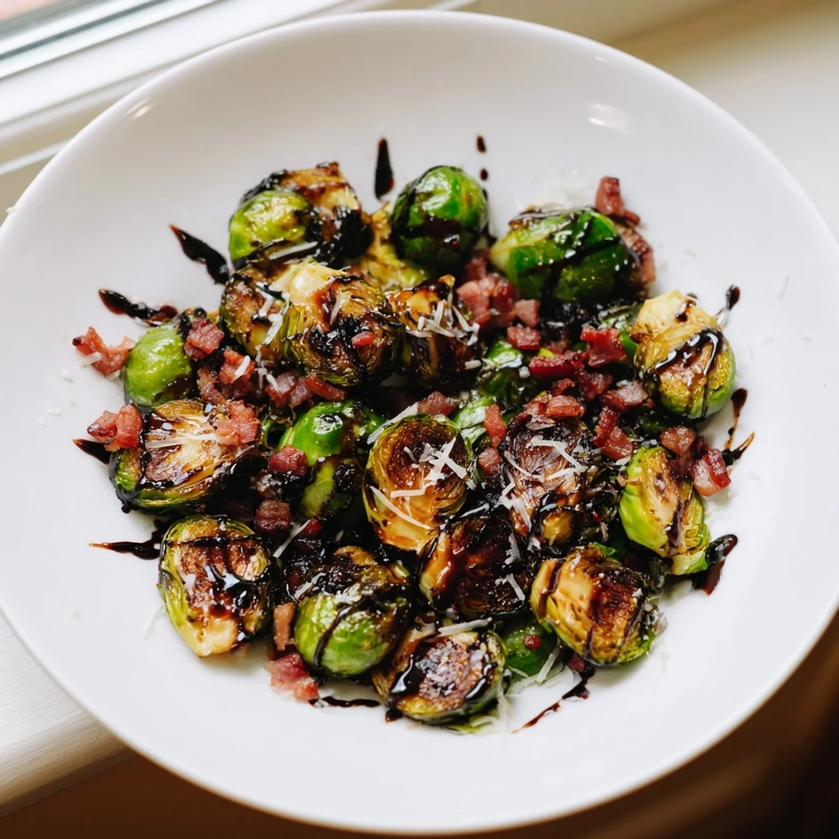 Golden roasted Brussels sprouts with crispy beef bacon, topped with balsamic glaze and Parmesan for a savory side dish.