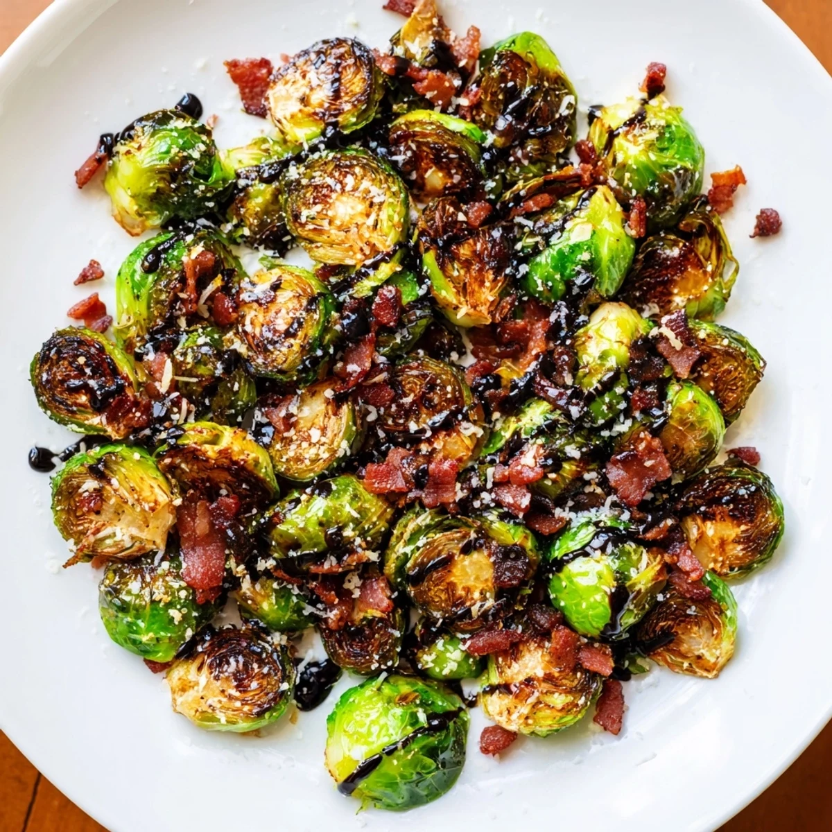 A close-up of Roasted Brussels sprouts with beef bacon, showing crispy edges and a drizzle of balsamic glaze.