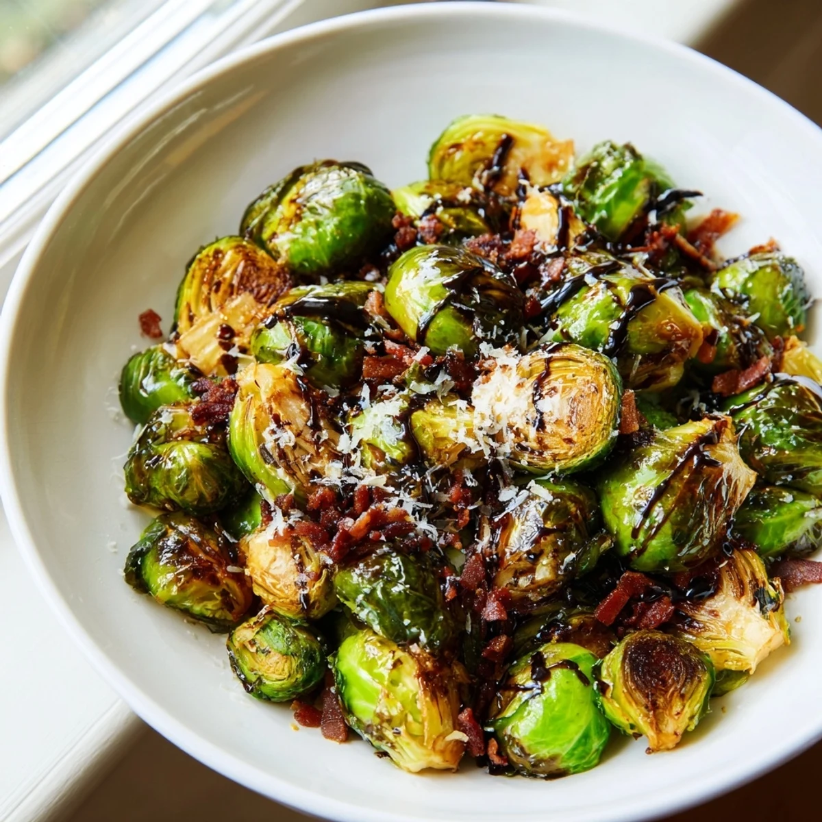 Roasted Brussels sprouts with beef bacon, served hot and garnished with grated Parmesan on a rustic dinner plate.