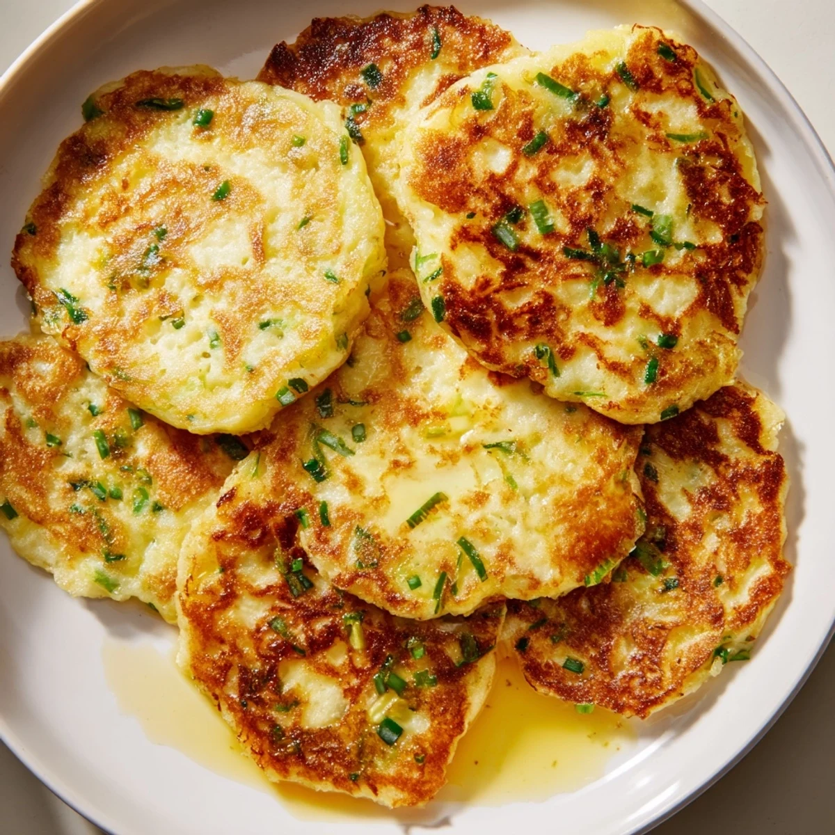 Freshly fried Irish Boxty Potato Pancakes with Scallions are stacked on a white plate, garnished with extra scallions and a dollop of sour cream for dipping.