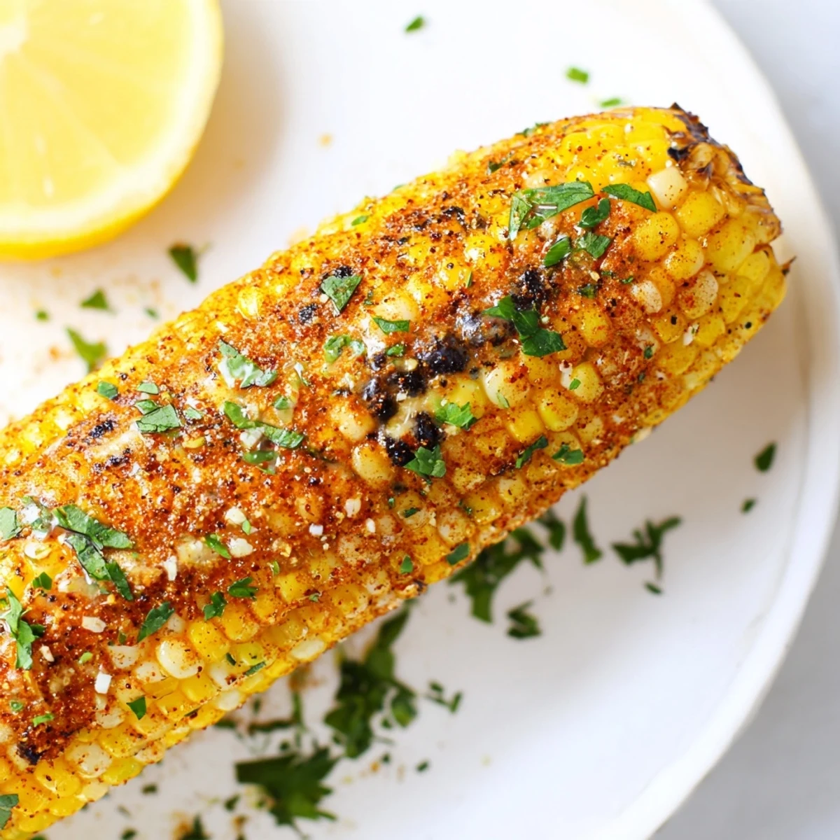 Golden roasted Cajun Spiced Roasted Corn on the Cob glistening with smoky spice and fresh parsley.