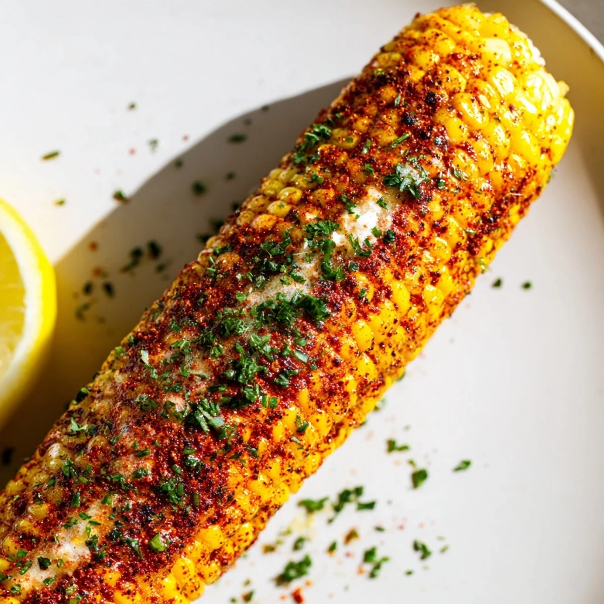 Cajun Spiced Roasted Corn on the Cob served with lemon wedges and melted butter on a platter.
