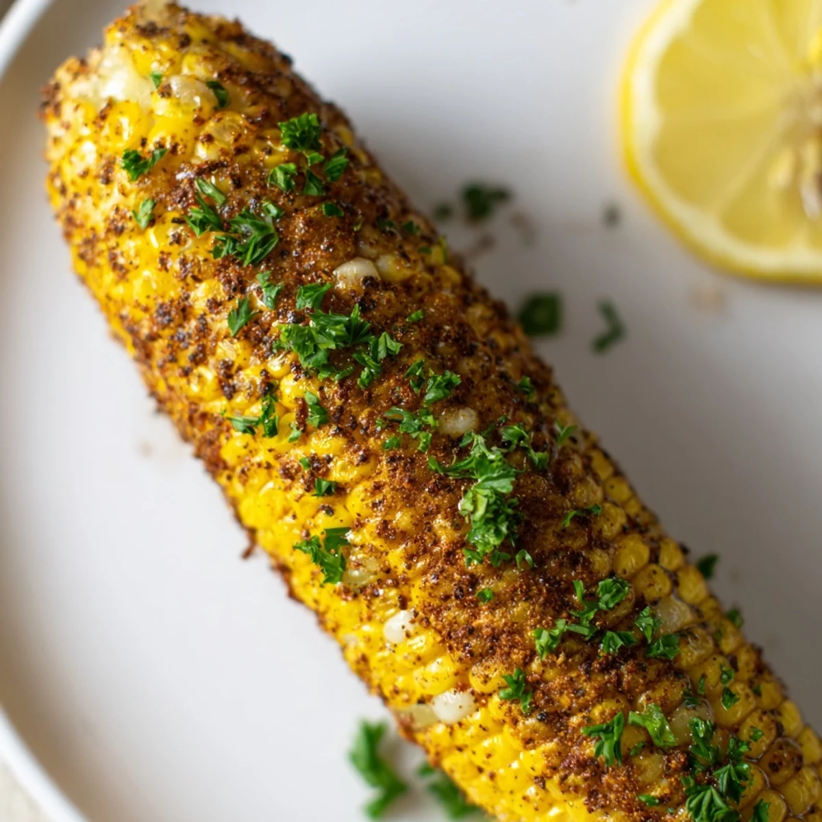 Four ears of Cajun Spiced Roasted Corn on the Cob on a baking sheet with charred kernels.