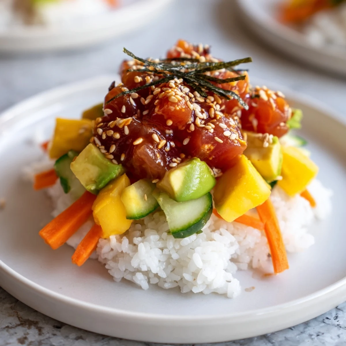 A close-up of a Spicy Tuna Poke Bowl with Mango and Avocado showing creamy avocado and juicy mango cubes on sushi rice.
