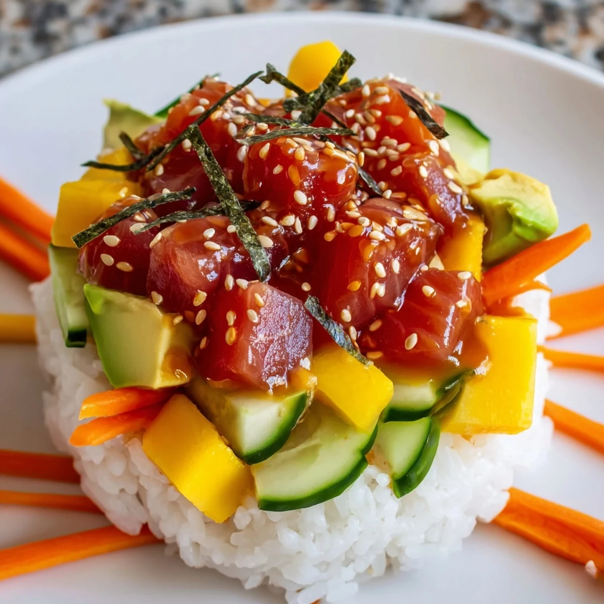 Colorful ingredients for a Spicy Tuna Poke Bowl with Mango and Avocado arranged with tuna, cucumber, and sesame seeds.