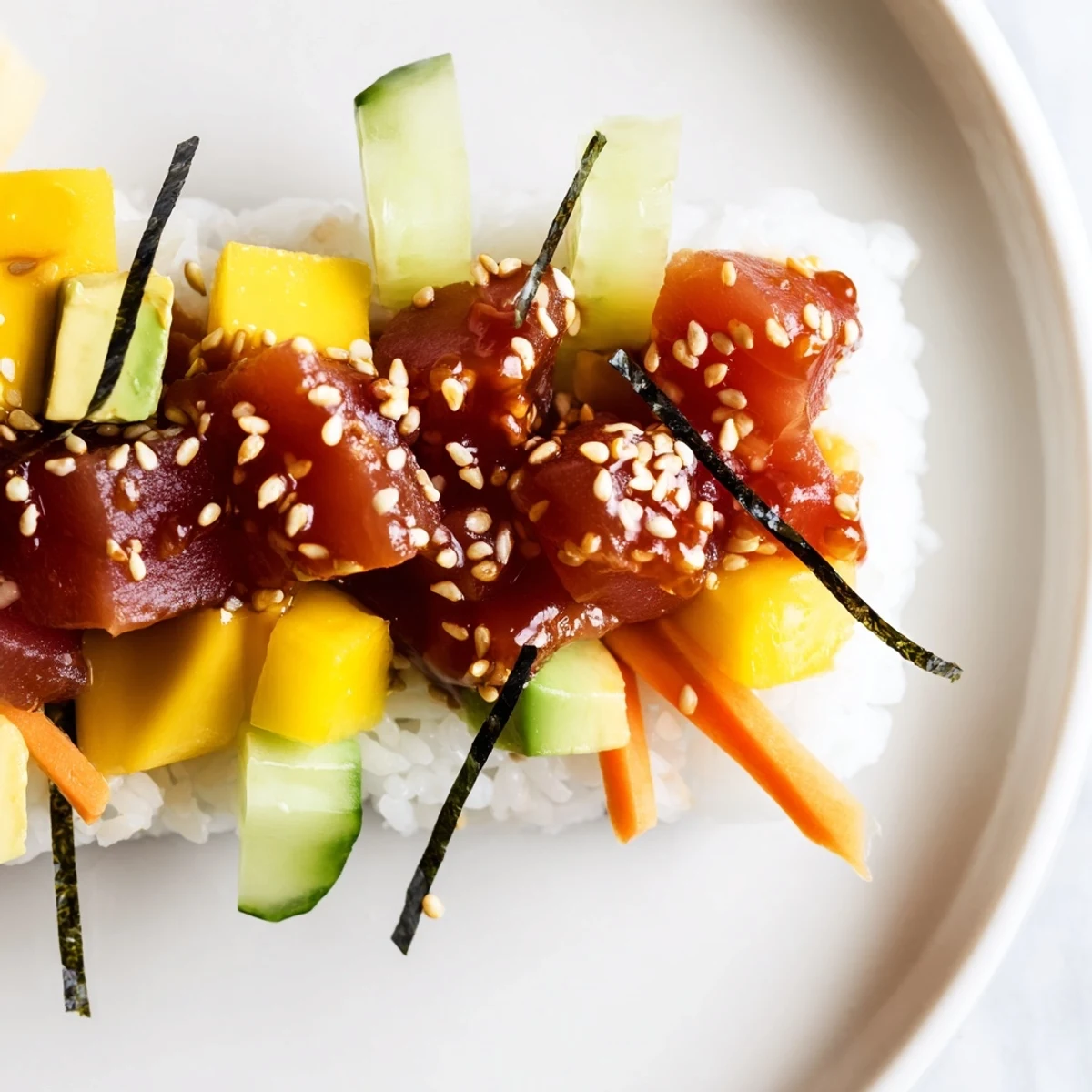 Overhead view of a Spicy Tuna Poke Bowl with Mango and Avocado topped with spicy tuna and fresh mango.