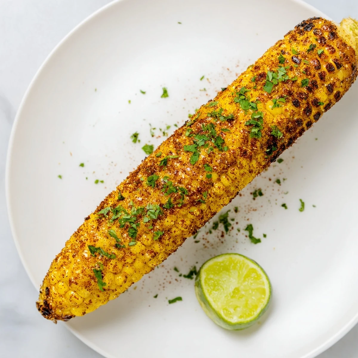 Golden roasted Cajun Spiced Roasted Corn on the Cob glistening with spicy oil and garnished with fresh parsley on a grill.