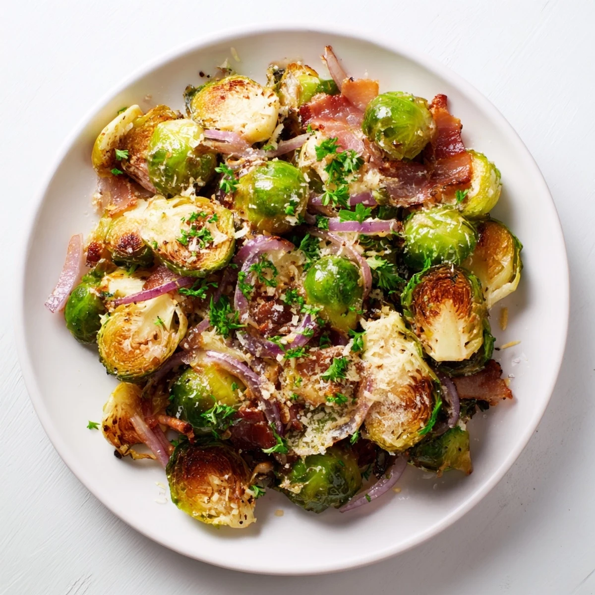 Roasted Brussels sprouts with beef bacon and sliced red onion, garnished with fresh parsley, on a rustic wooden board for a gluten-free dinner.