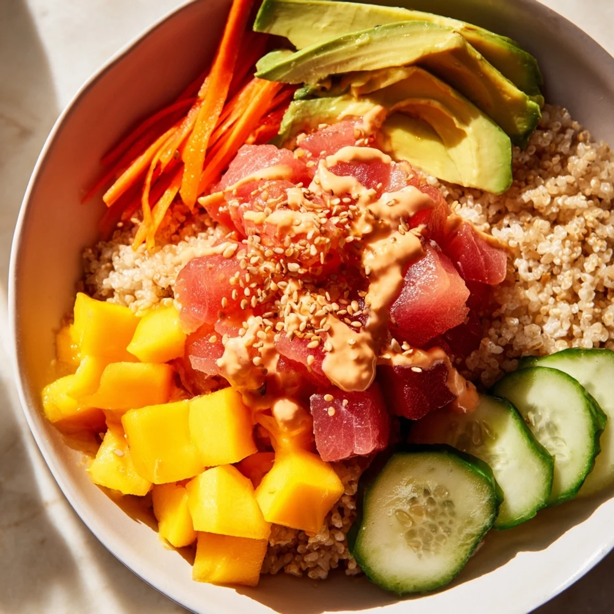 Freshly assembled spicy tuna poke bowl with sweet mango, creamy avocado, and crisp veggies, garnished with green onions and sesame seeds for a tropical Hawaiian meal. 