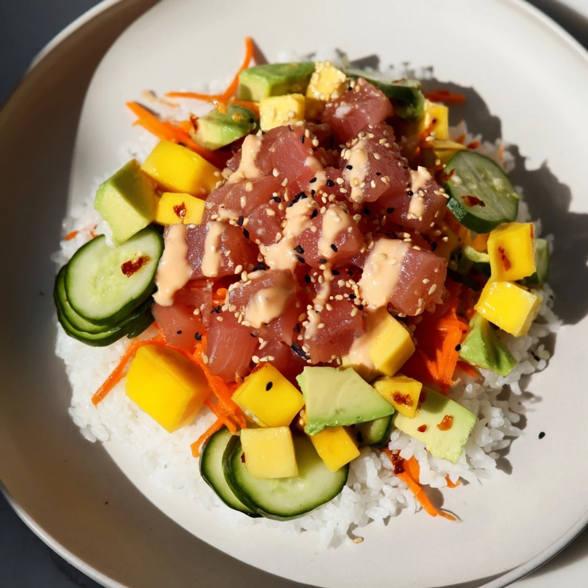 Vibrant spicy tuna poke bowl featuring sashimi-grade tuna, mango, and avocado on seasoned rice, drizzled with zesty soy dressing and topped with crunchy nori strips.