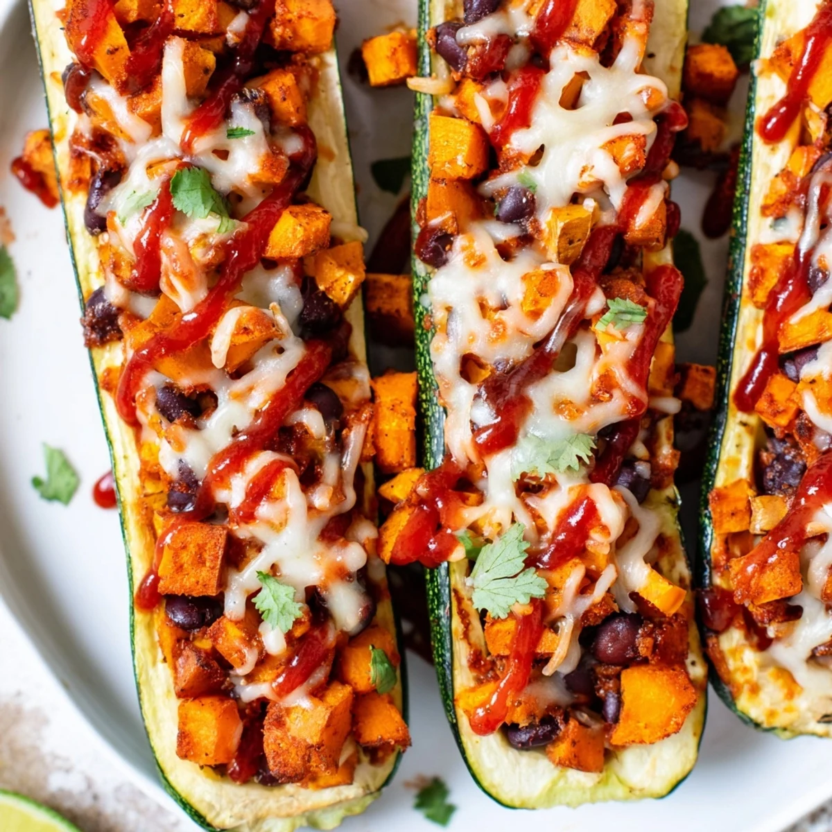Four roasted zucchini boats stuffed with savory Black Bean and Butternut Squash Enchilada filling, smothered in red sauce and melted cheese.