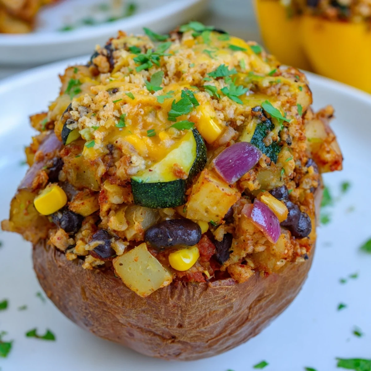 Golden-brown Cajun Potato Stuffed Bell Peppers rest in a baking dish, filled with a hearty potato and vegetable mixture.