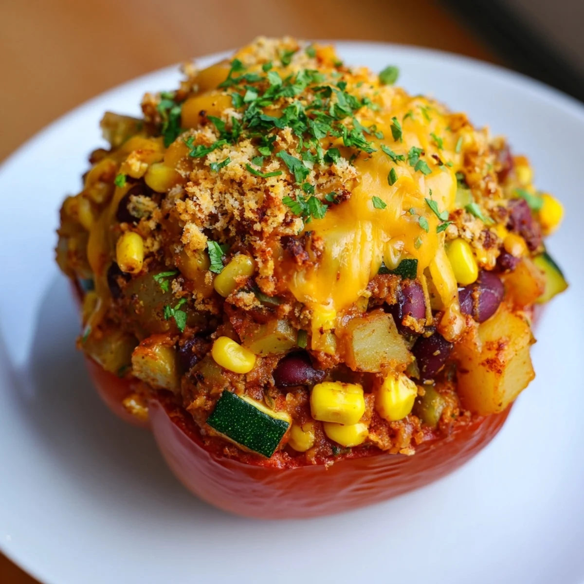 Savory Cajun Potato Stuffed Bell Peppers are garnished with fresh parsley and served alongside a crisp green salad.